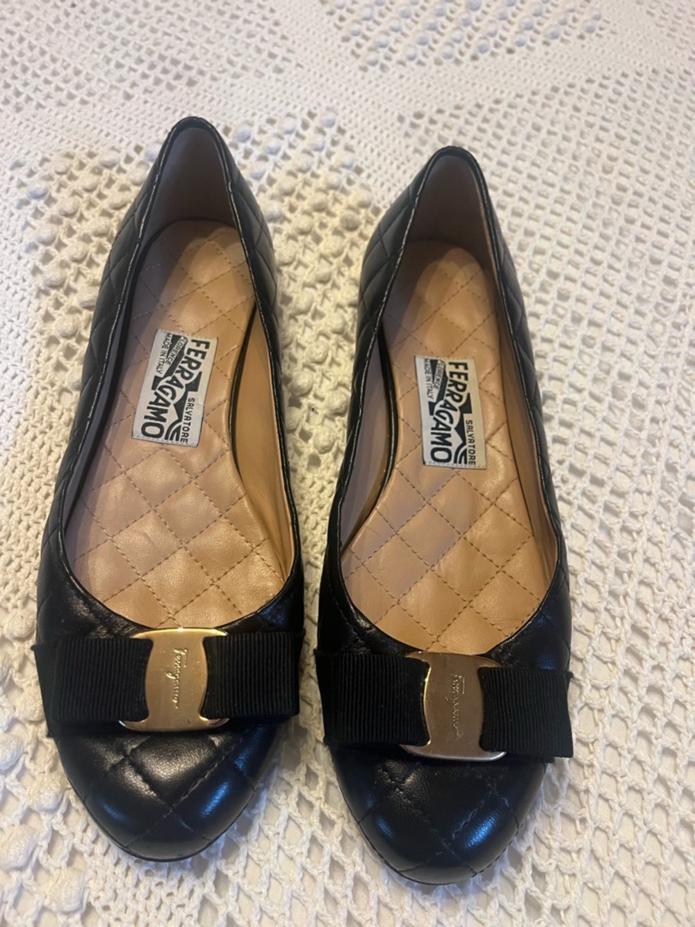 Salvatore Ferragamo Black Quilted Leather Vara Bow Flats with Gold Hardware
